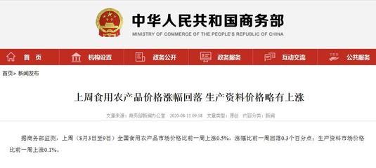 商务部:上周全国食用农产品价格涨幅回落 猪肉批发价格上涨1.2%